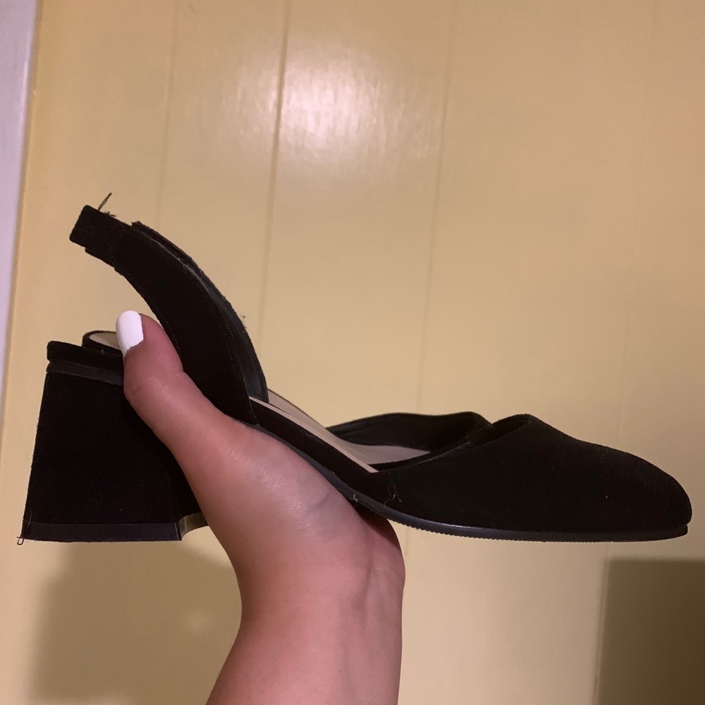 Pointed black suede slingback mules